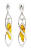 Pair of silver Baltic amber twist design pendant stud earrings