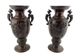 Pair of 20th century Japanese patinated bronze twin-handled vases