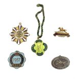 Five enamelled racecourse badges including Hurst Park 1891 by Lewis & Co
