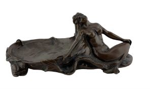 Art Nouveau style patinated bronze pin dish modelled as a Mermaid seated against the shell-shaped bo