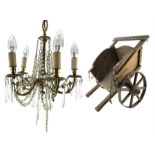 Gilt metal five branch ceiling light hung with lustre drops and a Victorian wooden toy cart