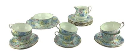 Shelley Melody pattern tea set decorated with flowers comprising six cups and saucers