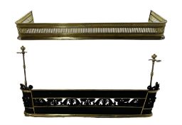 Victorian style cast iron and brass framed fire fender with pierced acanthus gallery and brass imple