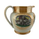 19th century Sunderland orange lustre jug painted and printed with four panels 'Great Australia'