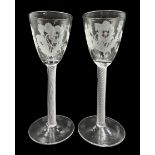 Pair of 18th century style 'Jacobite' engraved air twist wine glasses