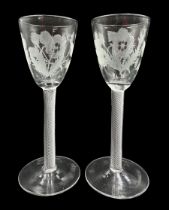 Pair of 18th century style 'Jacobite' engraved air twist wine glasses