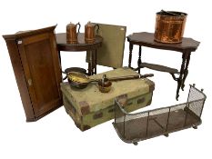 Early 20th century travelling trunk; copper coal bucket bed-pan and teapots; Georgian design corner