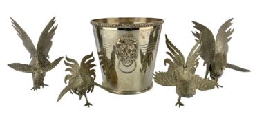 Four vintage silver plated cockerels and a silver-plated ice bucket