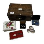 Victorian rosewood workbox containing an early 20th century iridescent glass paperweight