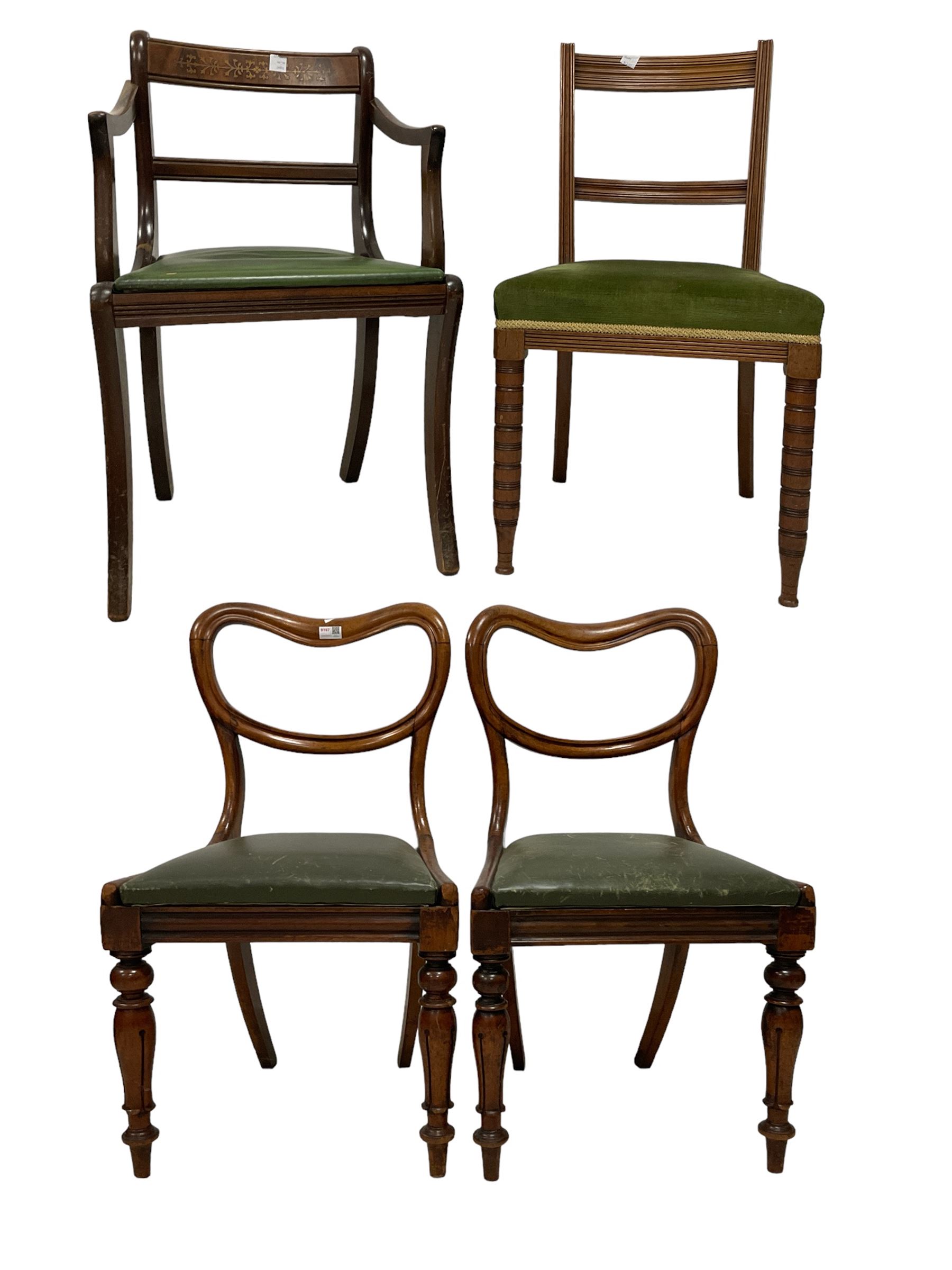 Pair 19th century balloon back dining chairs; 19th century mahogany elbow chair