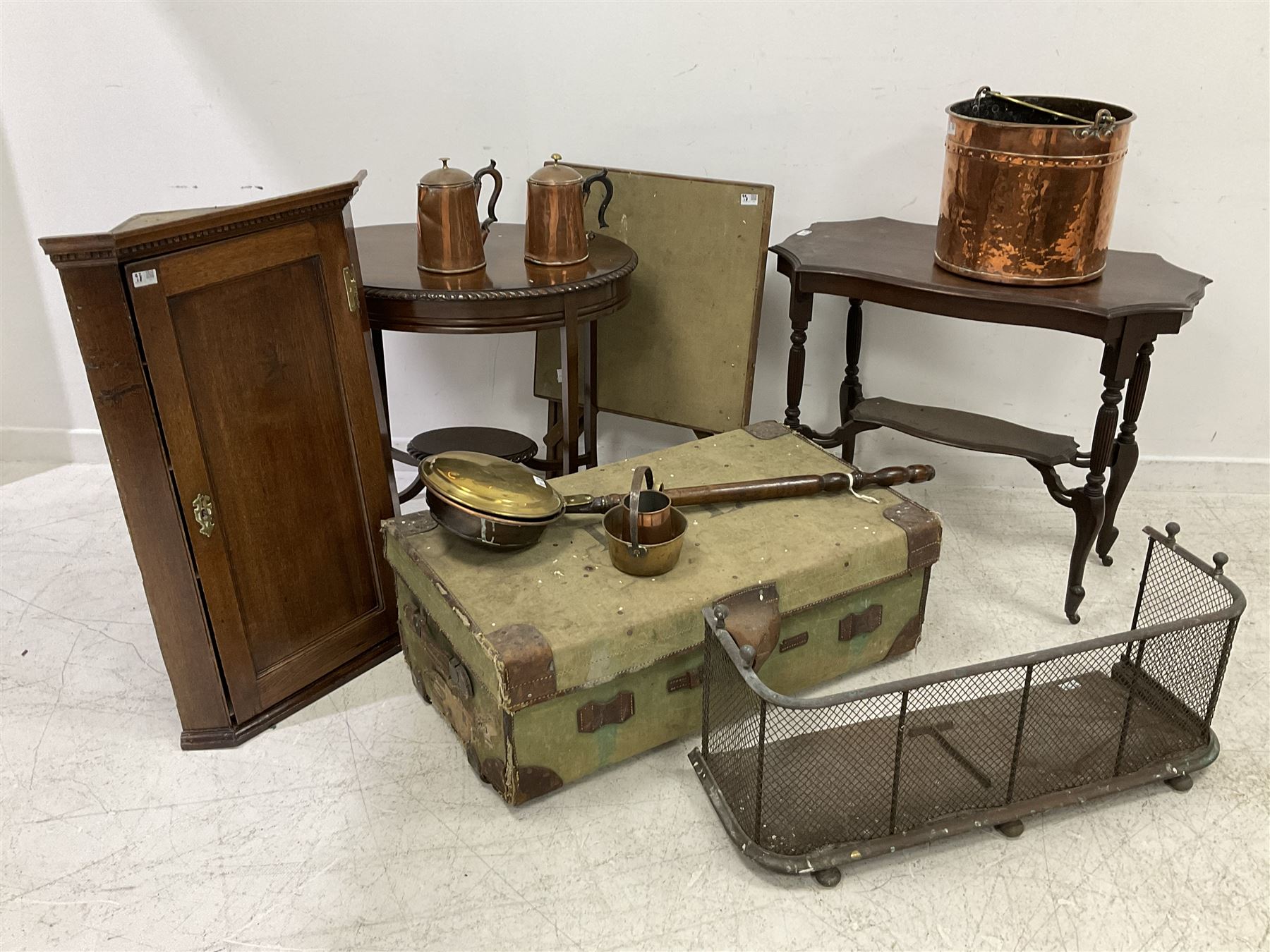 Early 20th century travelling trunk; copper coal bucket bed-pan and teapots; Georgian design corner - Image 7 of 7