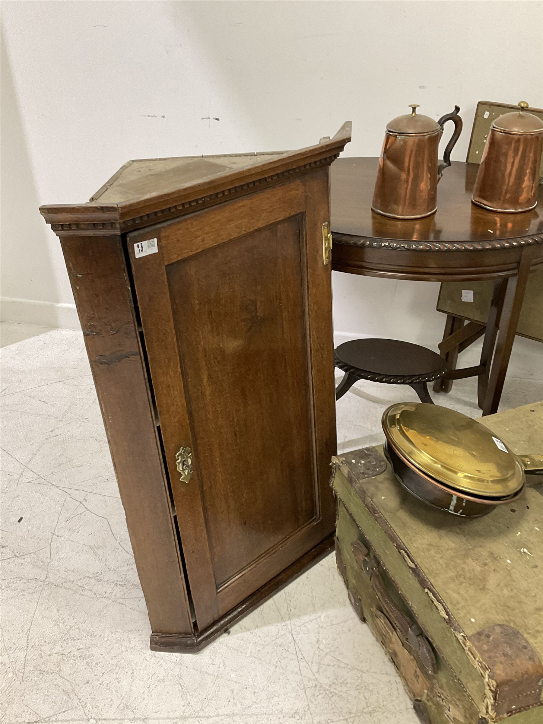 Early 20th century travelling trunk; copper coal bucket bed-pan and teapots; Georgian design corner - Image 2 of 7