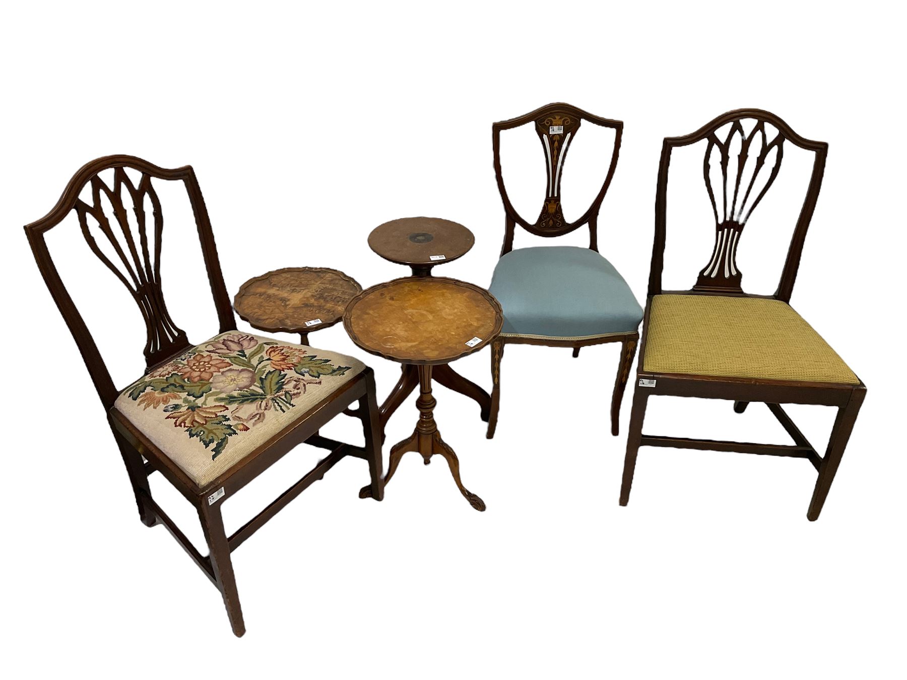 Edwardian inlaid shield-back chair and pair of Georgian side chairs with pierced splat backs and dro