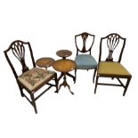 Edwardian inlaid shield-back chair and pair of Georgian side chairs with pierced splat backs and dro