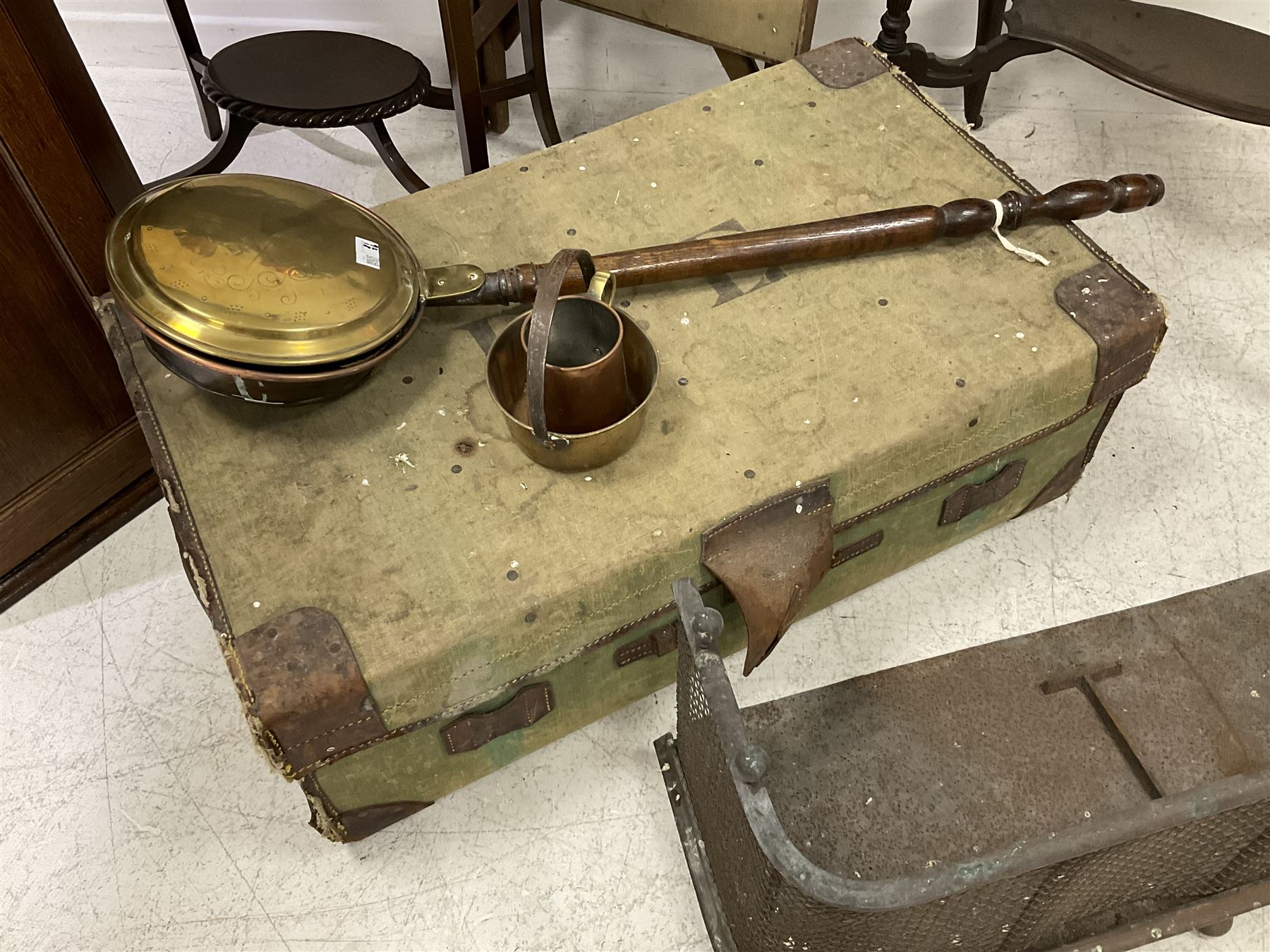 Early 20th century travelling trunk; copper coal bucket bed-pan and teapots; Georgian design corner - Image 6 of 7