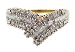 10ct gold baguette and round brilliant cut diamond wishbone ring