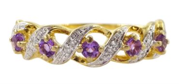 9ct gold five stone amethyst and diamond cross over ring