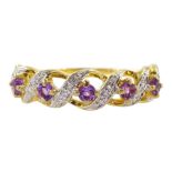 9ct gold five stone amethyst and diamond cross over ring