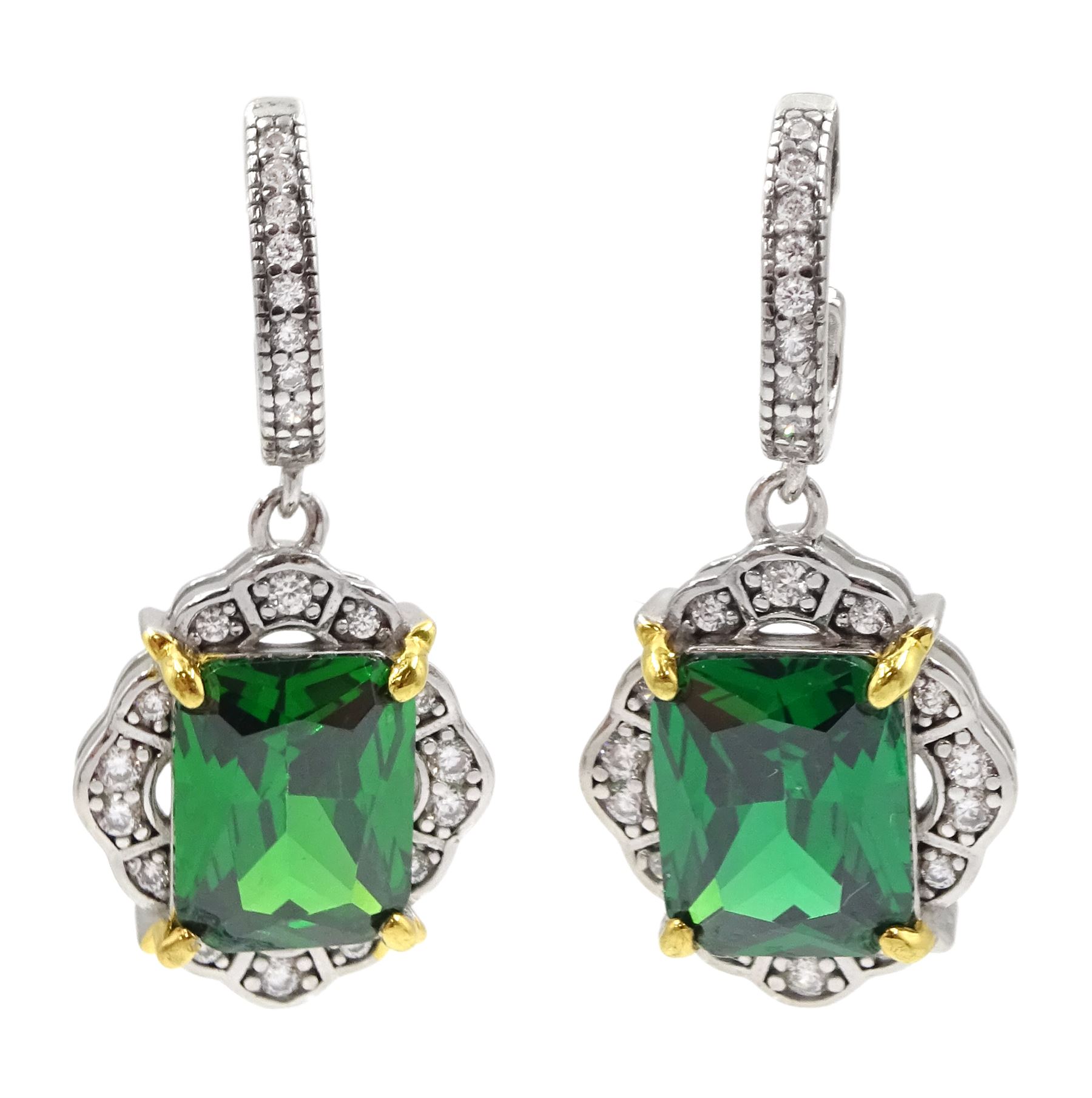 Pair of silver green stone and cubic zirconia cluster pendant stud earrings