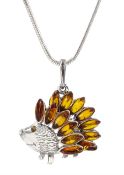 Silver amber hedgehog pendant necklace