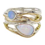 Silver and 14ct gold wire two stone opal ring