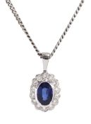 18ct white gold oval sapphire and round brilliant cut diamond pendant necklace