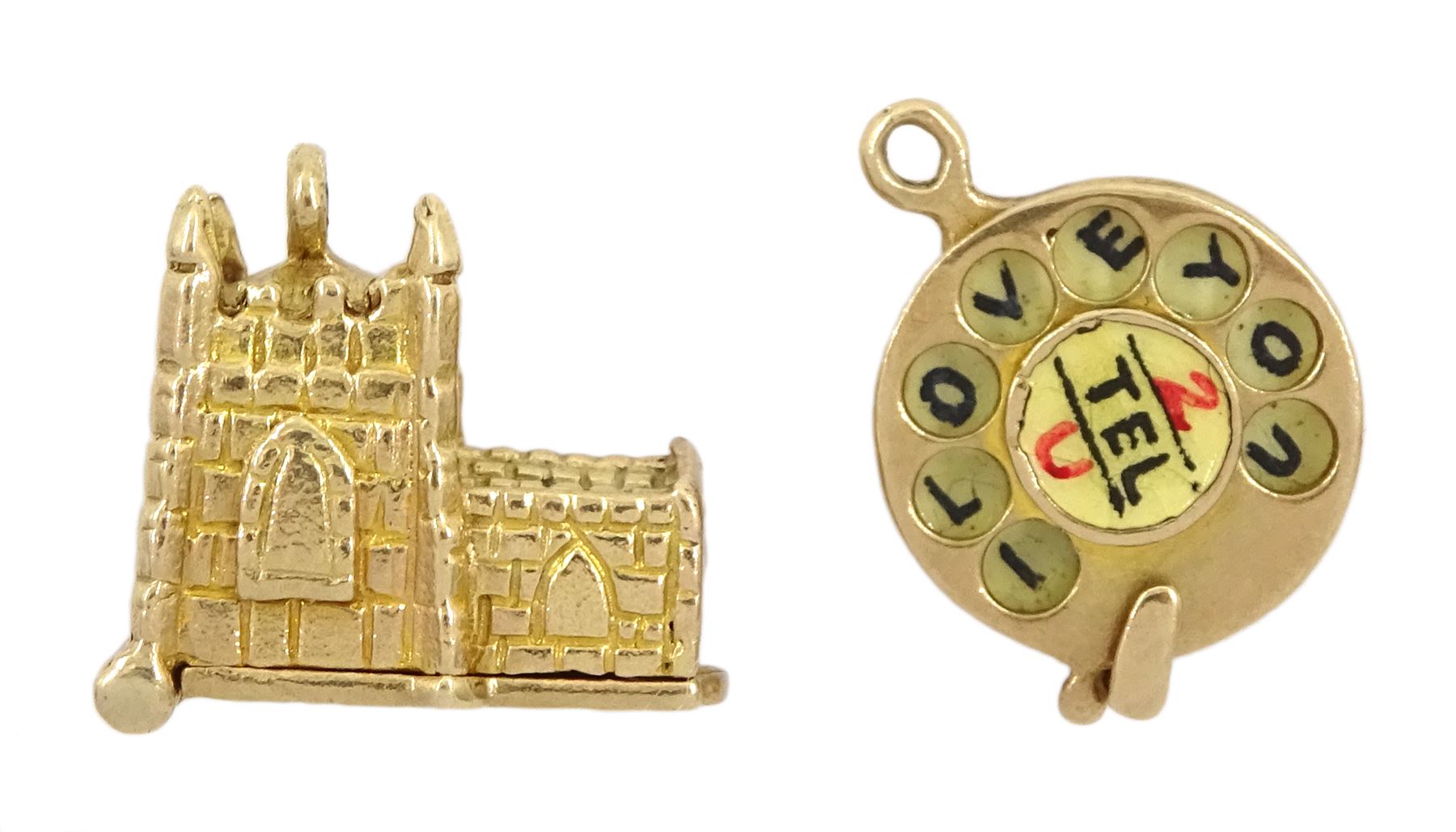 Two 9ct gold charms including articulated '2 Tel U I Love You' telephone and church wedding