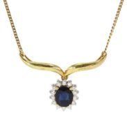 14ct gold oval sapphire and round brilliant cut diamond cluster pendant necklace