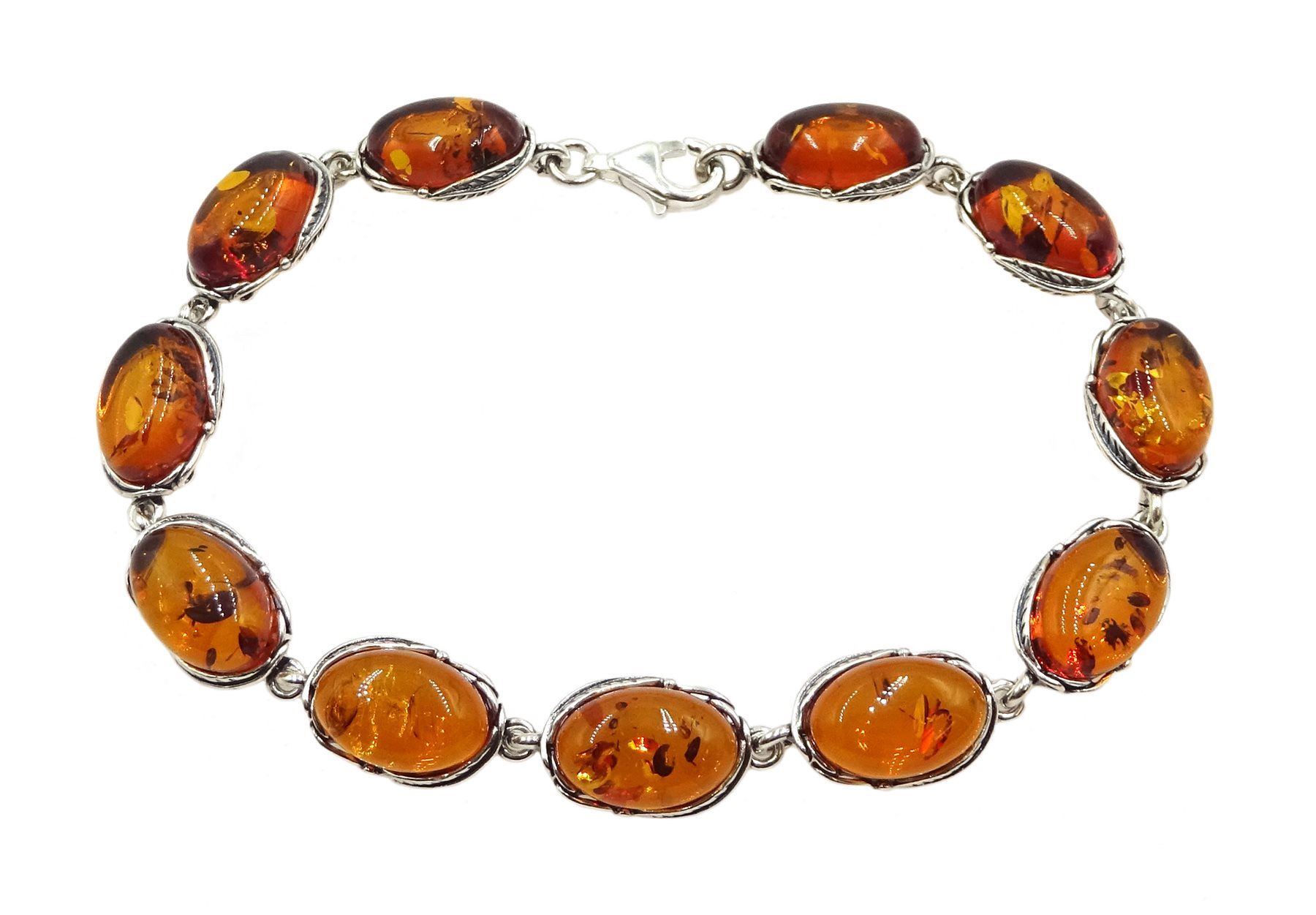 Silver Baltic amber oval link bracelet