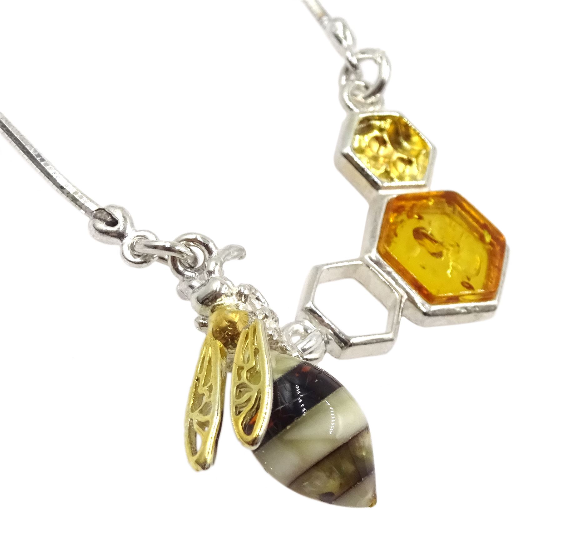 Silver amber honeycomb and bee pendant necklace - Image 2 of 2