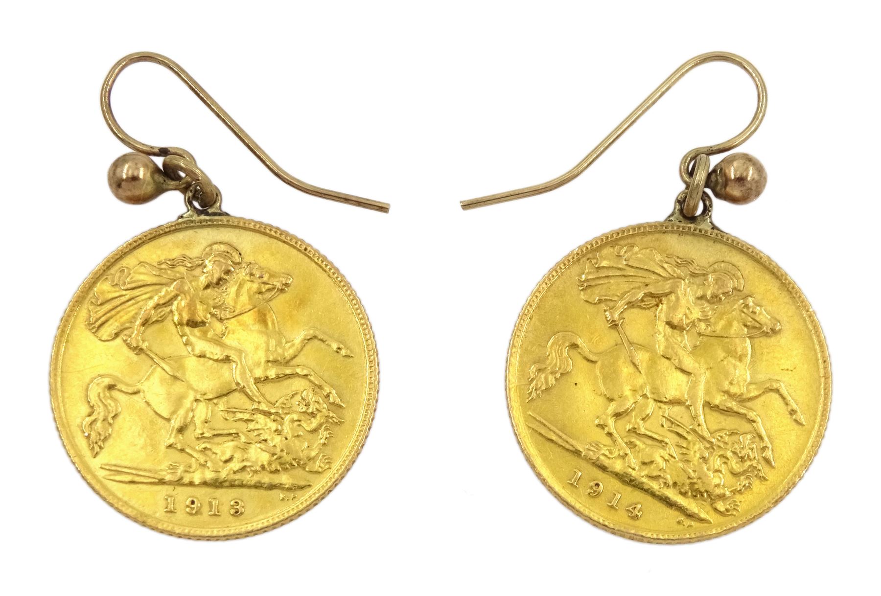 Pair of half sovereign coin earrings dated 1913 and 1914 - Image 2 of 2