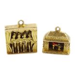 Two 9ct gold articulated charms including can-can dancers and 'Olde Smithy' blacksmith