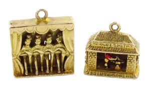 Two 9ct gold articulated charms including can-can dancers and 'Olde Smithy' blacksmith