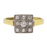 Early 20th century gold milgrain set diamond square cluster ring by S Blanckensee & Son Ltd