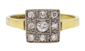 Early 20th century gold milgrain set diamond square cluster ring by S Blanckensee & Son Ltd