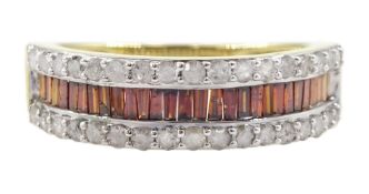 9ct gold three row clear and cognac diamond ring