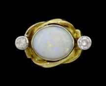 14ct gold three stone opal and round brilliant cut diamond ring