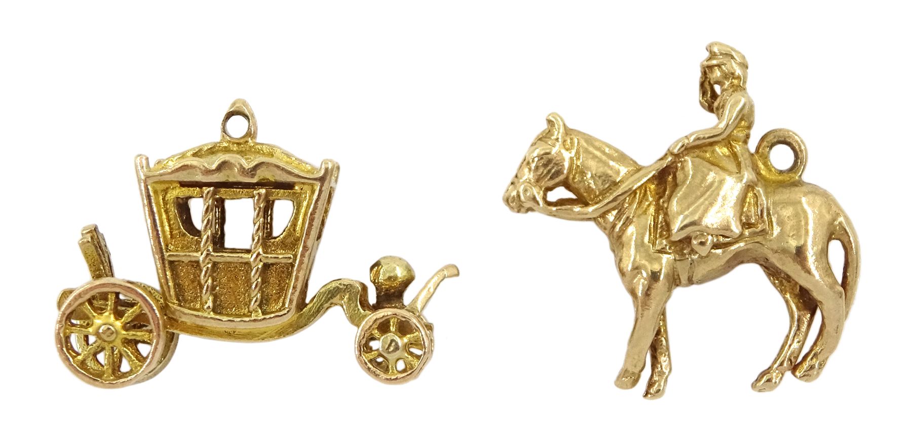 Two 9ct gold charms including carriage and lady riding sidesaddle