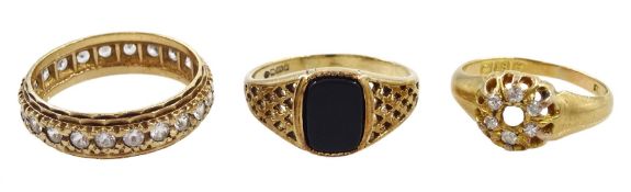 18ct gold diamond ring and two 9ct gold rings including stone set full eternity and black onyx signe