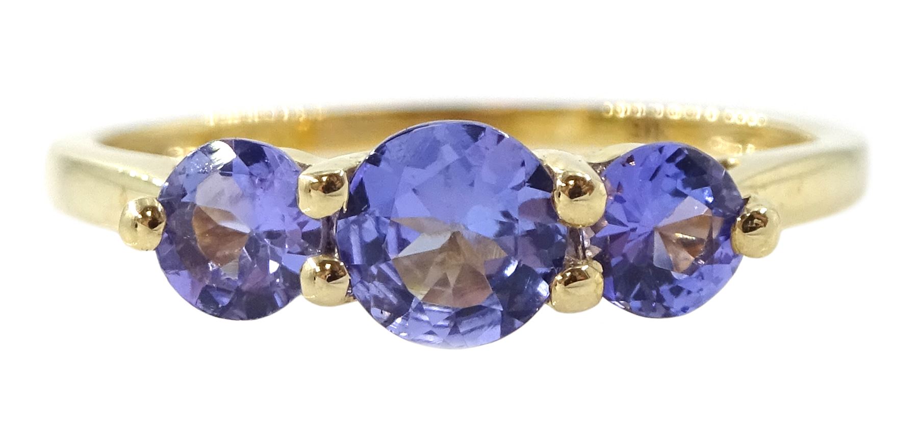 9ct gold three stone round tanzanite ring