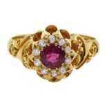 Edwardian 18ct gold round cut ruby and diamond cluster ring
