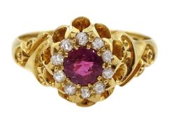 Edwardian 18ct gold round cut ruby and diamond cluster ring