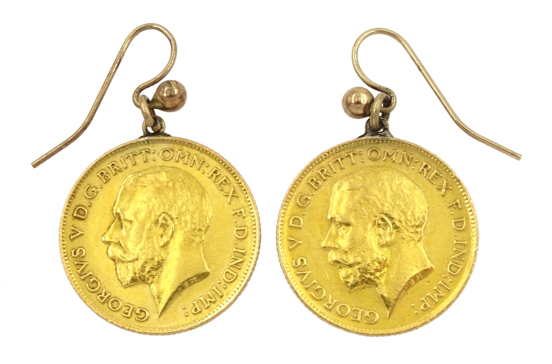 Pair of half sovereign coin earrings dated 1913 and 1914