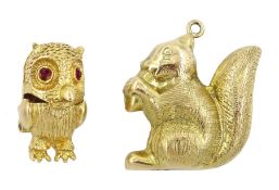 Two 9ct gold pendant/charms including squirrel eating a nut and owl