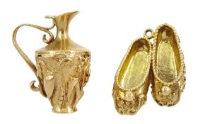 Two 9ct gold charms including pair of slipper and jug