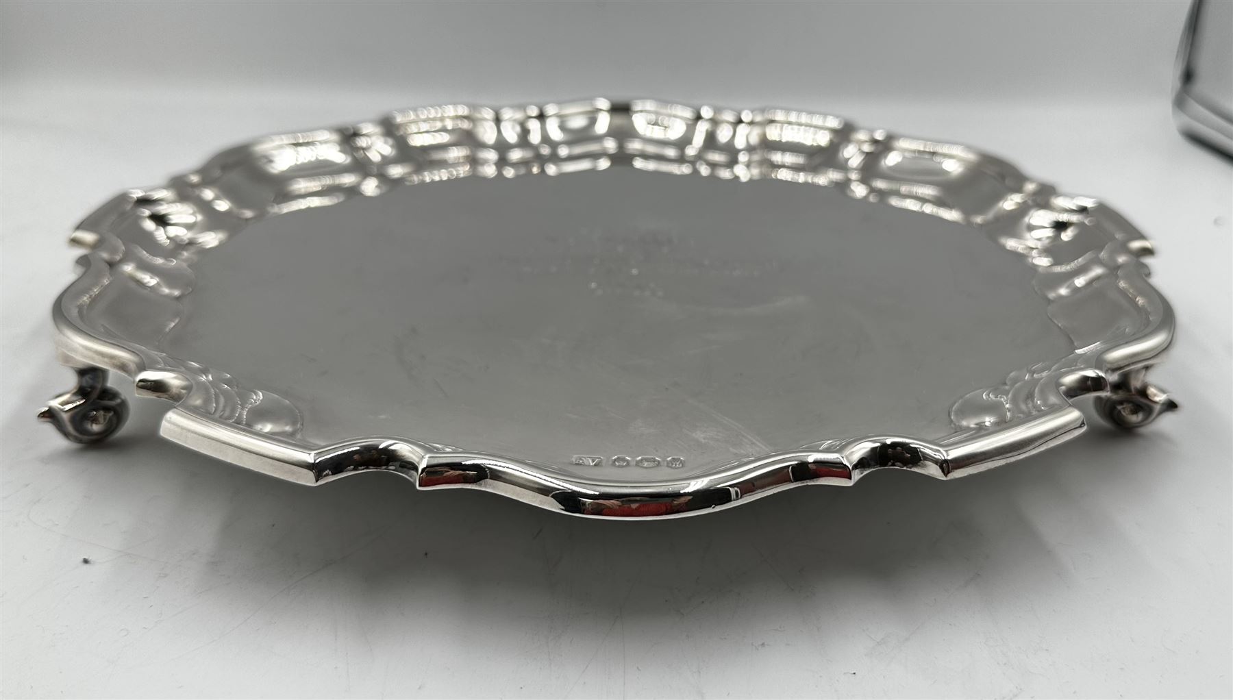 Silver circular salver with moulded edge and scroll feet with presentation inscription and a list of - Image 3 of 4