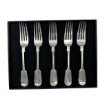 Five Victorian silver fiddle pattern table forks with engraved initials Exeter 1858 Maker Josiah Wil