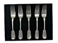 Five Victorian silver fiddle pattern table forks with engraved initials Exeter 1858 Maker Josiah Wil