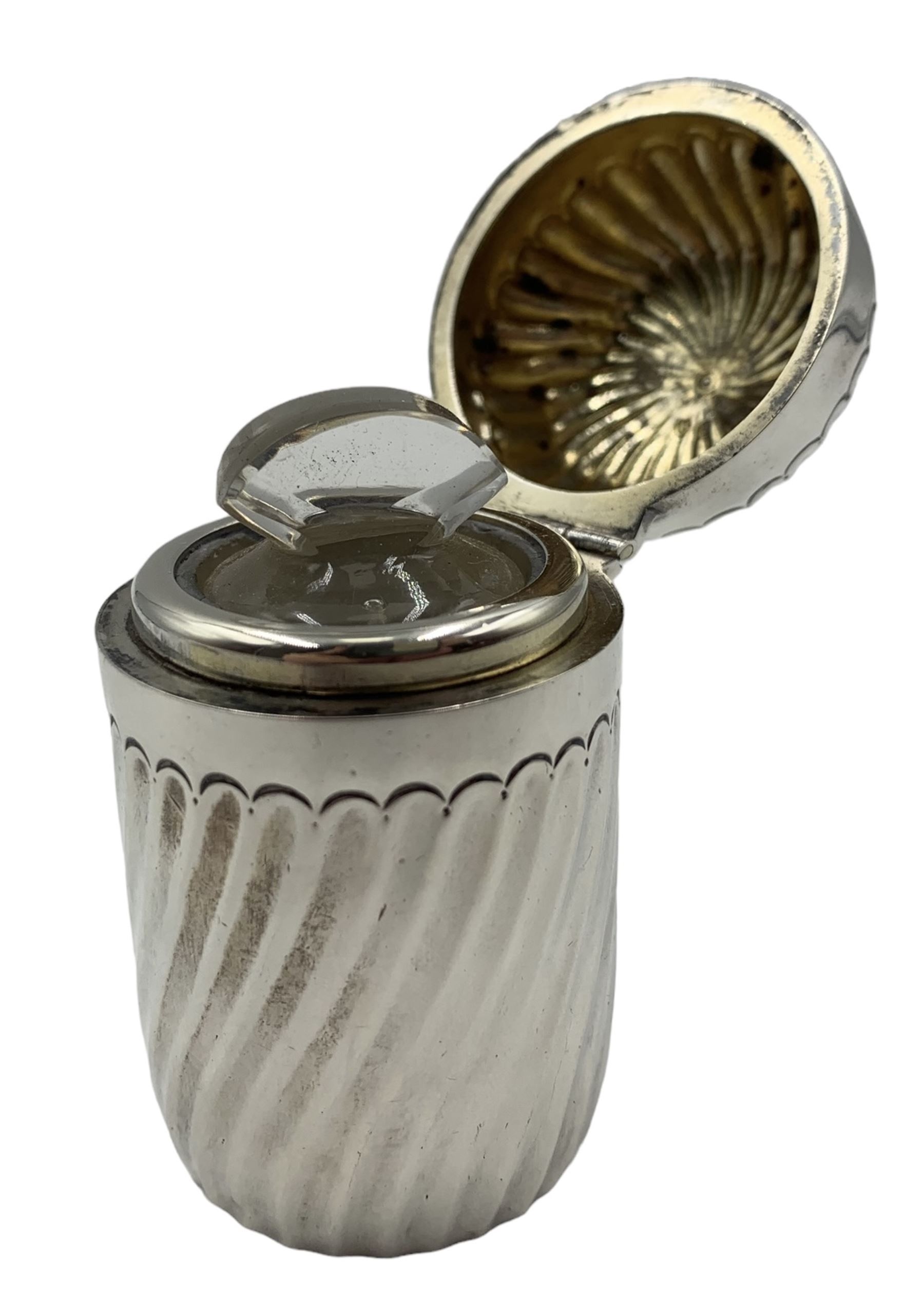 Victorian silver cylindrical scent flask of spiral design