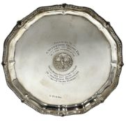 Silver circular salver with bead edge and inscription 'Ilkley Motor Cycle and Light Car club 1922' D